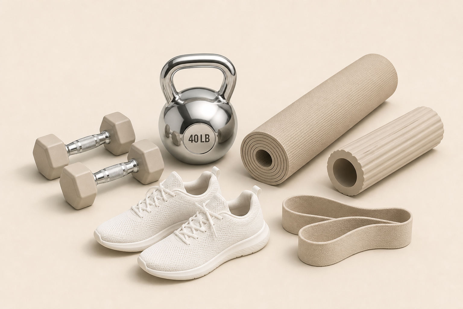 Warm neutral exercise gear including a chrome 40 LB kettlebell, dumbbells with chrome handles, yoga mat, resistance band, foam roller, and minimalist white sneakers.
